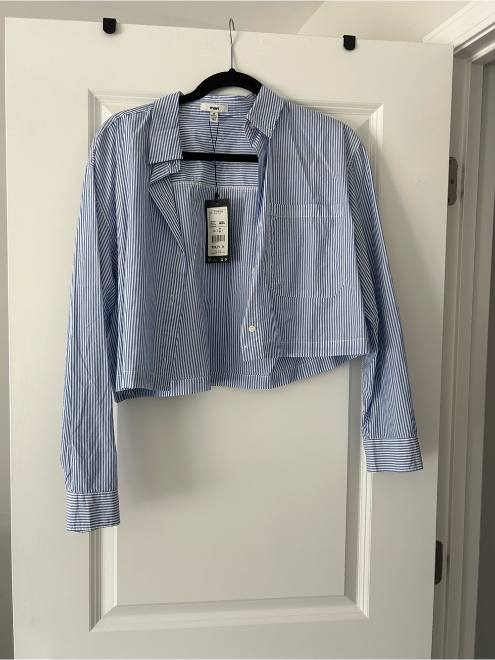 Mavi Blue and White Striped Cropped Button-Down Shirt